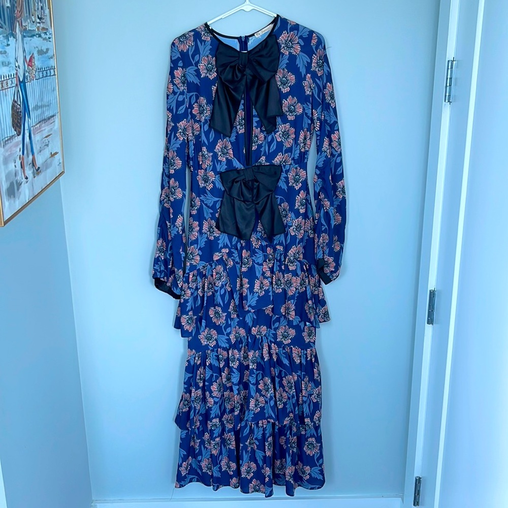 La Patean Size 40 Blue Floral Dress with Black Bows